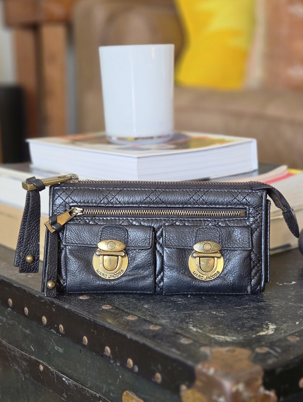 Marc Jacobs Black Leather Quilted Double Pushlock Clutch Wallet Y2K